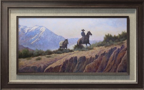 Original oil painting by artist Bill Goodman of a high-country packer below the Eastern Sierra in California.